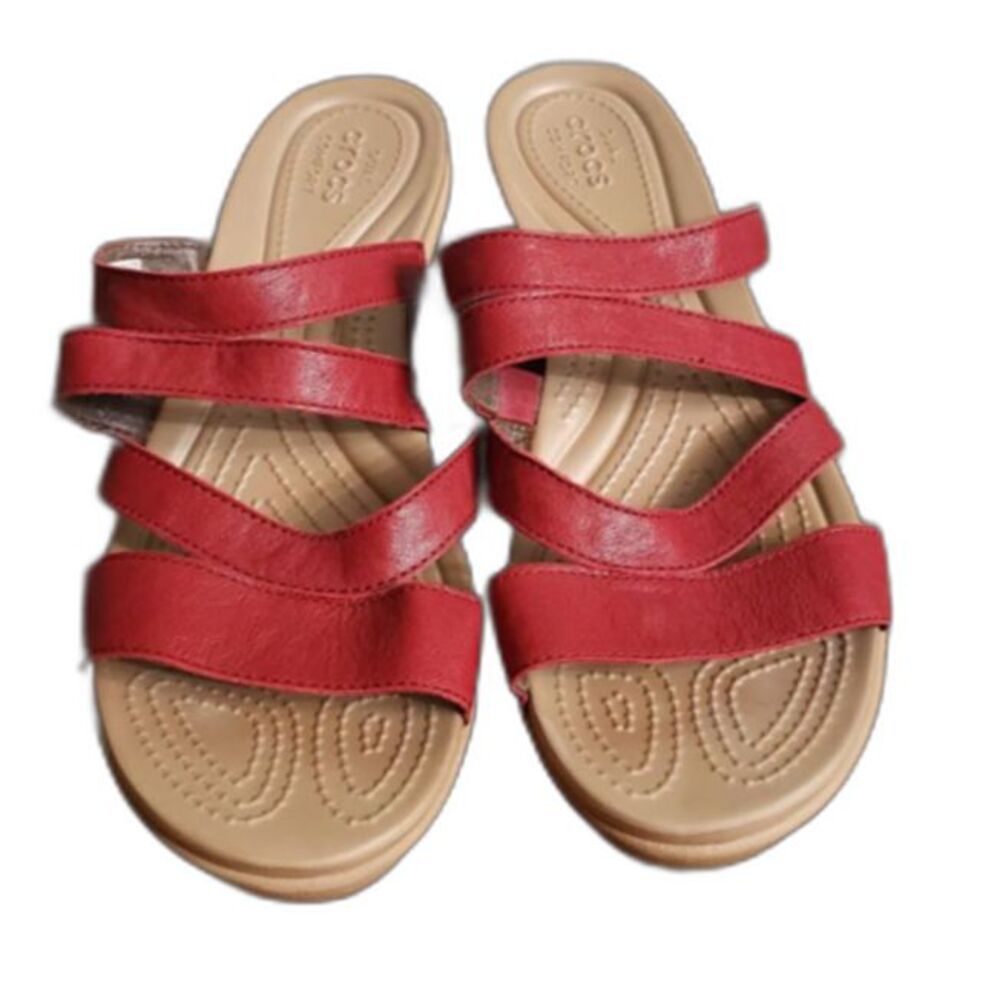 Crocs SIZE 9 Red Leather Strappy Dual Crocs Comfort™ Slide Sandals